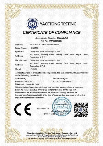Cina Guangzhou Hone Machinery Co., Ltd. Sertifikasi
