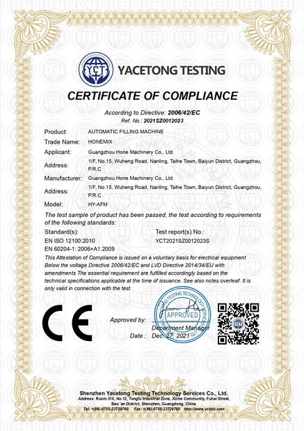 Cina Guangzhou Hone Machinery Co., Ltd. Sertifikasi