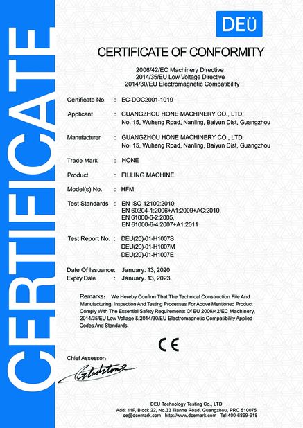 Cina Guangzhou Hone Machinery Co., Ltd. Sertifikasi